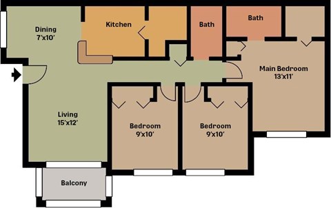 Floor plan for 3 beds, 2 baths, 1240 sqft